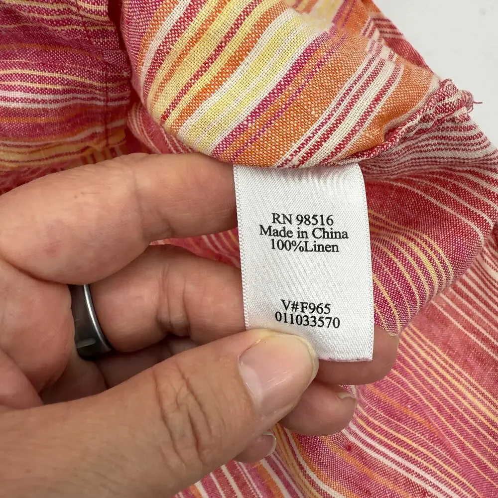 COLDWATER CREEK Linen Striped Shirt Size M 3/4 Sleeve Top Shirt Tail Hem Sunset